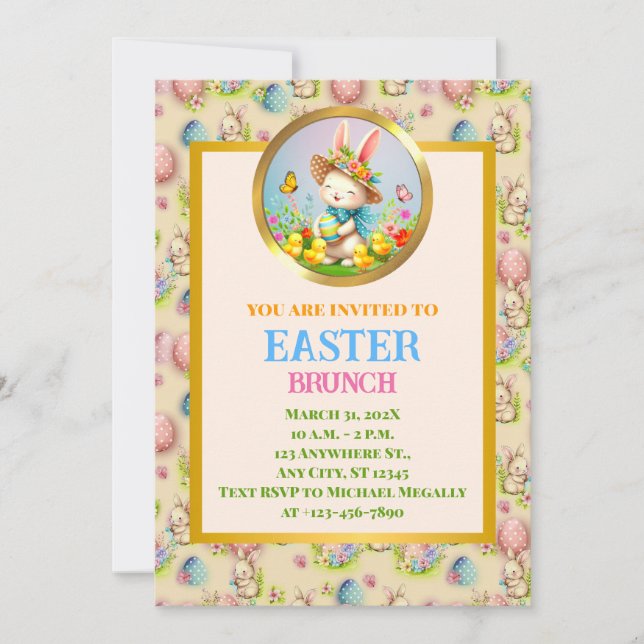 Invitation Joli Lapin de Pâques et Joyeuses Fleurs de Printem (Devant)