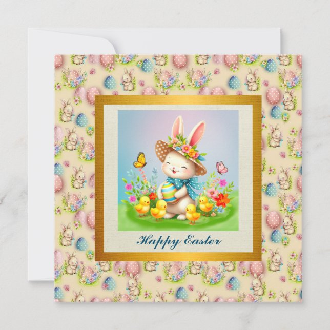 Invitation Joli lapin de Pâques et joyeuses fleurs de printem (Devant)