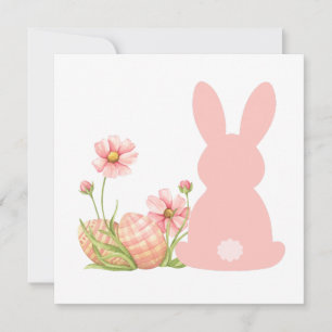 Invitation Joli lapin de Pâques rose avec des fleurs printani