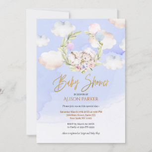 Invitation Joli lapin en bois Baby shower bleu ciel floral