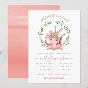 Invitation Joli lapin et aquarelle Fleurs Baby shower fille