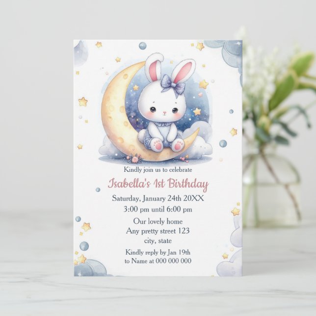 Invitation joli lapin et joli anniversaire de lune (Debout devant)
