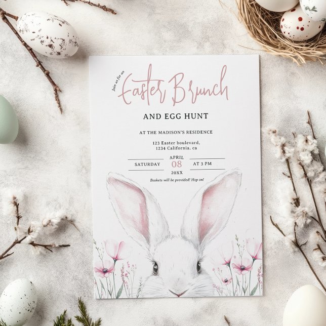 Invitation Joli lapin floral Brunch de Pâques et chasse aux o (Cute Floral Bunny Easter Brunch and Egg Hunt Invitation)