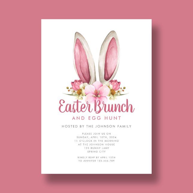 Invitation Joli Lapin Floral Oreilles Pâques Brunch (Cute Floral Bunny Ears Easter Brunch Invitation)