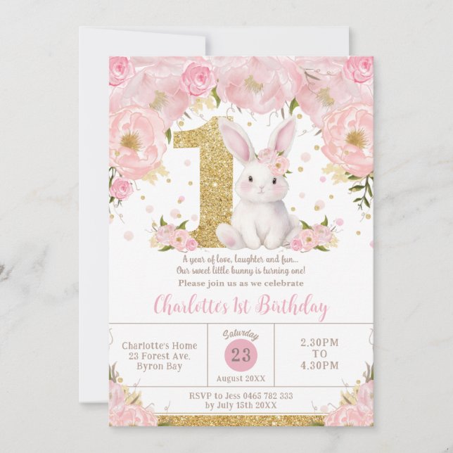 Invitation Joli Lapin Lapin Rose Floral 1er Anniversaire (Devant)