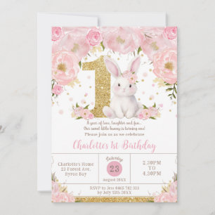 Invitation Joli Lapin Lapin Rose Floral 1er Anniversaire