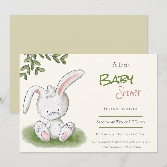 Invitation Joli lapin Lapin Vert Baby shower Neutre (Devant / Derrière)