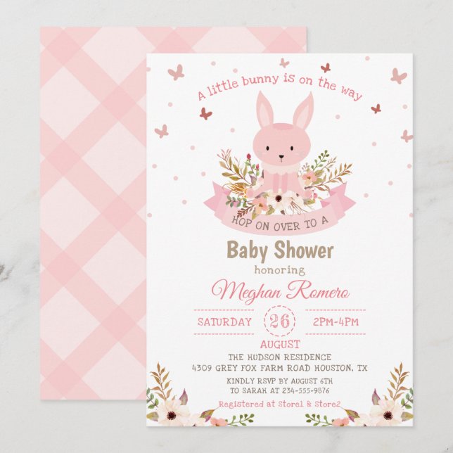 Invitation Joli lapin rose avec Baby shower de fleurs (Devant / Derrière)