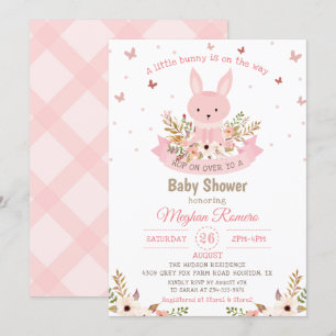 Invitation Joli lapin rose avec Baby shower de fleurs