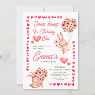 Invitation Joli lapin rose Gilr 1er anniversaire