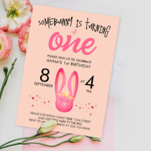 Invitation Joli Lapin Rose Pâle pour 1er Anniversaire Féminin