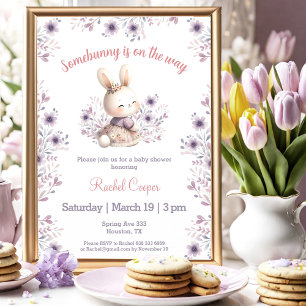 Invitation Joli Lapin Violet Rose Floral Fille Baby shower