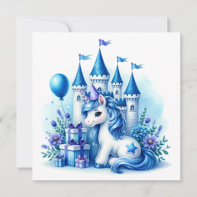 Invitation Joli licorne bleue et château de conte de fées  (Devant)