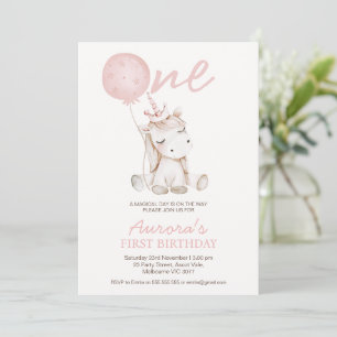 Invitation Joli Licorne Rose Premier Anniversaire