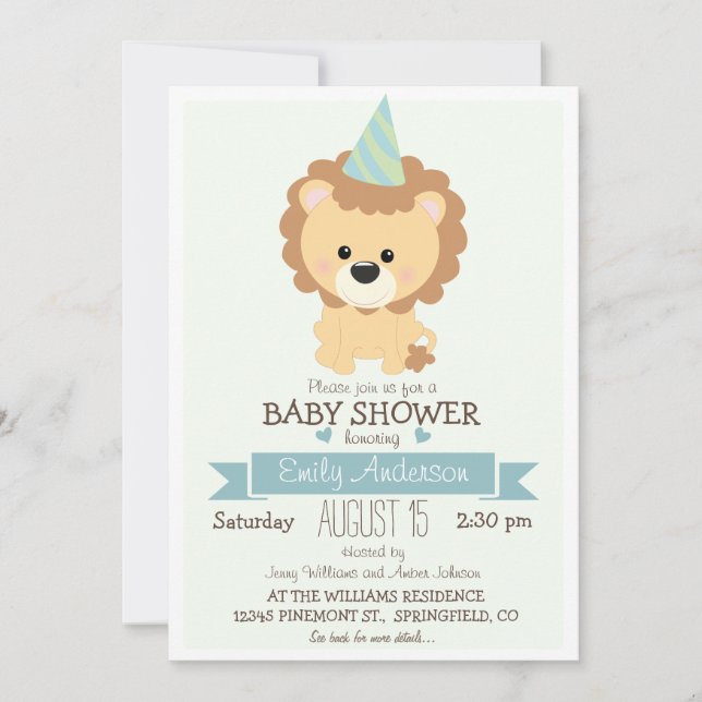 Invitation Joli Lion Garçon, Zoo Jungle Baby shower animal (Devant)