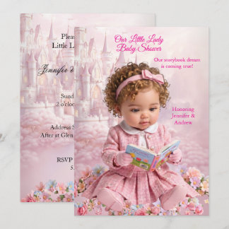 Invitation Joli Livre de Baby Shower pour Petite Fille Rose