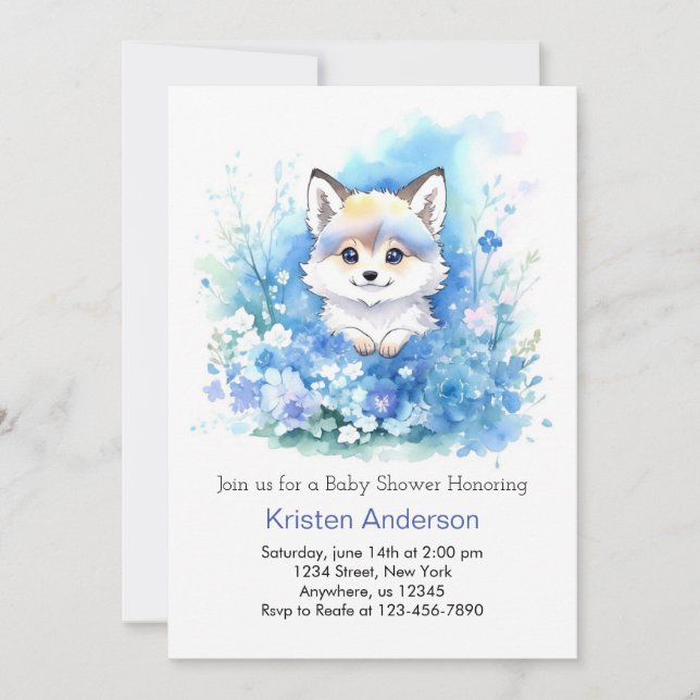 Invitation Joli loup bleu Whimsical Woodland Bois Baby shower (Devant)