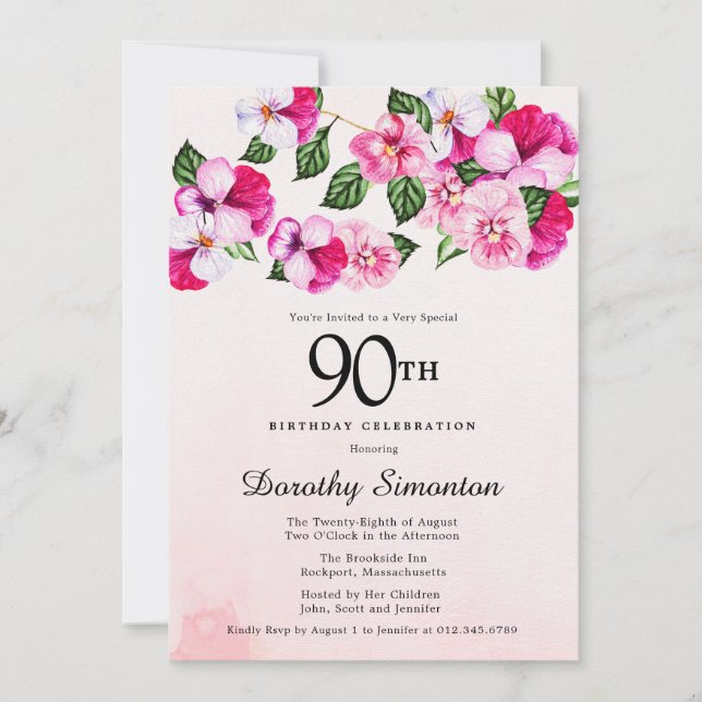 Invitation Joli Magenta rose blanc floral 90e anniversaire (Devant)