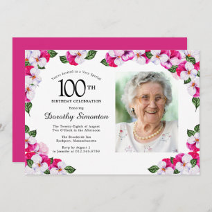 Invitation Joli Magenta rose blanc Photo 100e anniversaire