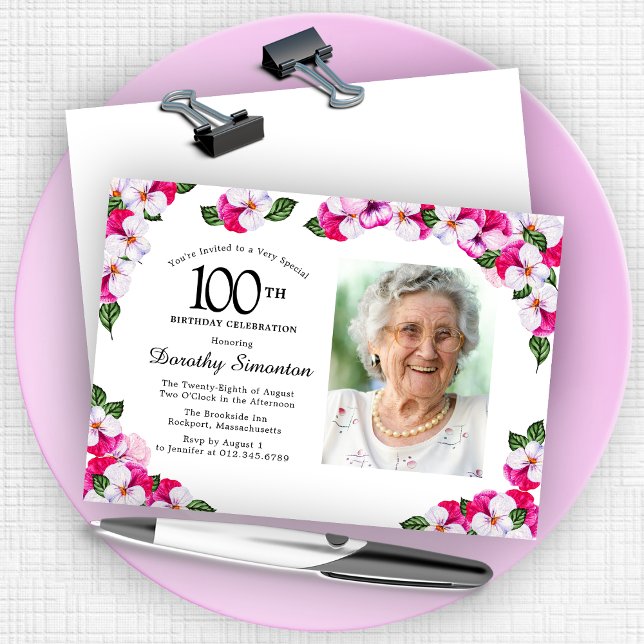 Invitation Joli Magenta rose blanc Photo 100e anniversaire (Créateur téléchargé)