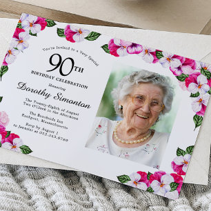 Invitation Joli Magenta rose blanc Photo 90e anniversaire