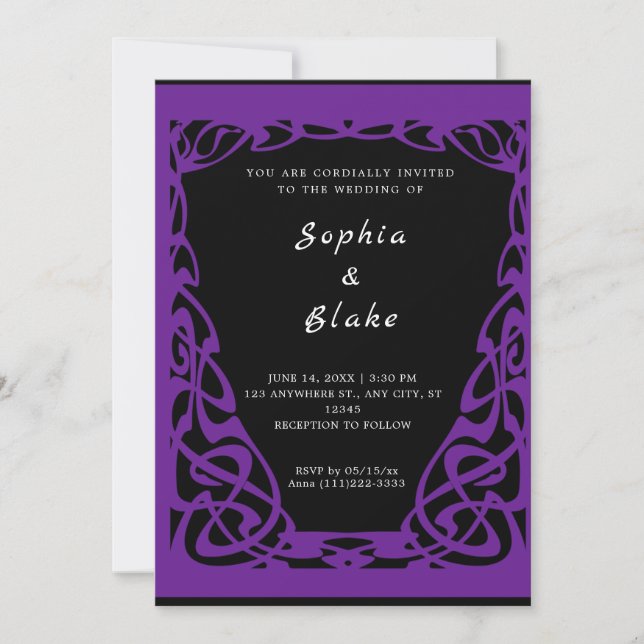 Invitation Joli Mariage Art Déco noir et violet (Devant)