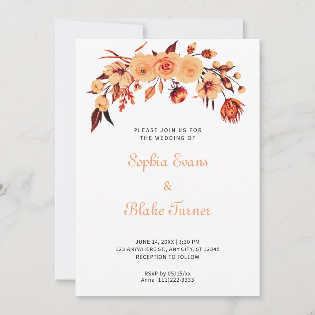 Invitation Joli Mariage Bohème Floral Blanc Orange (Devant)