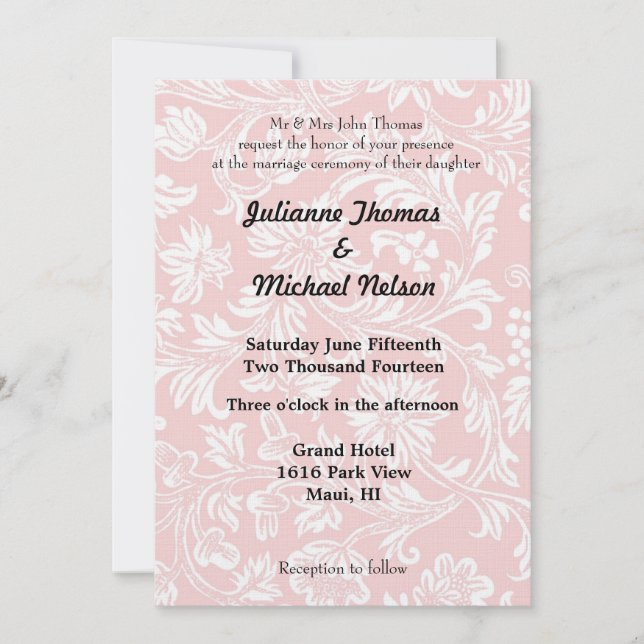 Invitation Joli Mariage damassé rose et blanc (Devant)