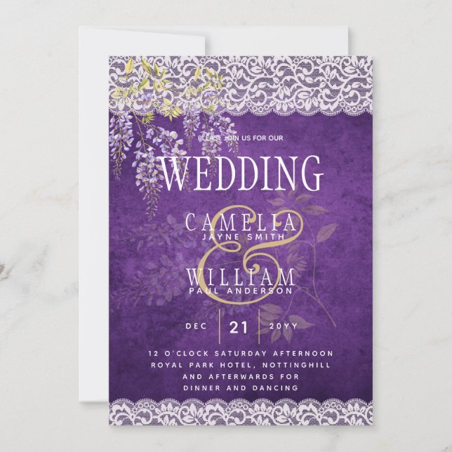 Invitation Joli Mariage de dentelle WISTERIA violet rustique (Devant)