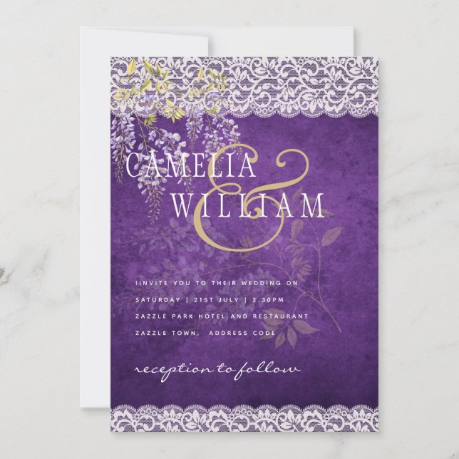 Invitation Joli Mariage de dentelle WISTERIA violet rustique (Devant)