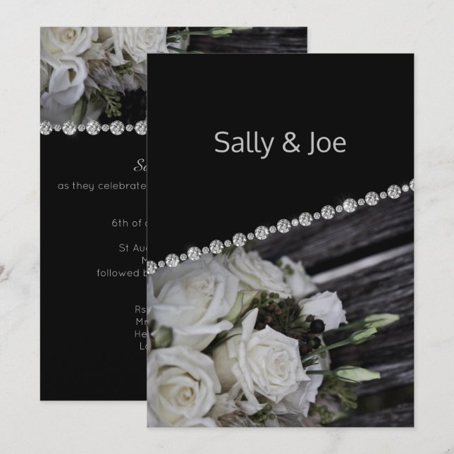 Invitation Joli Mariage de diamant floral rustique noir (Devant / Derrière)