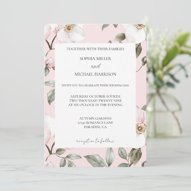 Invitation Joli Mariage de Fleurs blanches rose pâle (Debout devant)
