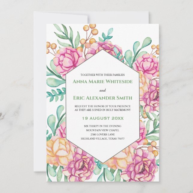 Invitation Joli Mariage de floraison de pivoines roses (Devant)