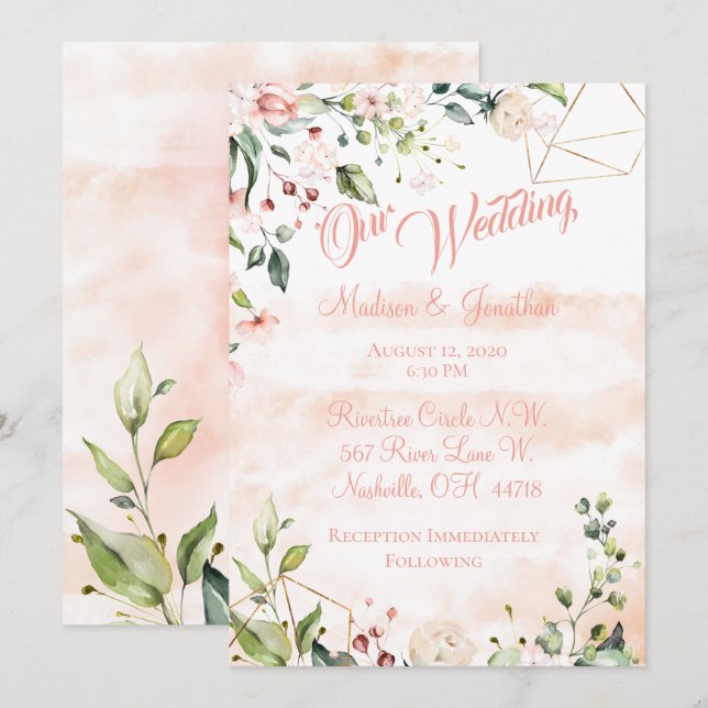 Invitation Joli Mariage de script floral rose (Devant / Derrière)