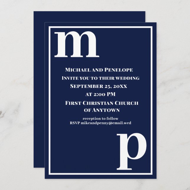 Invitation Joli Mariage élégant Monogram Navy Blue (Devant / Derrière)