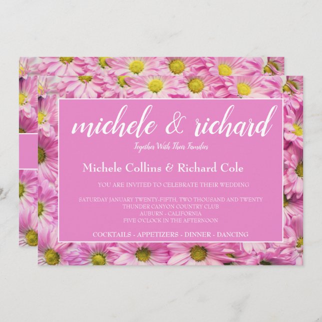 Invitation Joli Mariage En Fleurs Roses (Devant / Derrière)