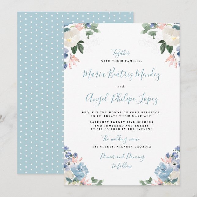 Invitation Joli mariage floral bleu clair (Devant / Derrière)
