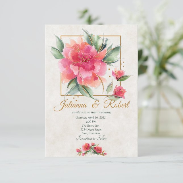 Invitation Joli mariage Rose à budget jardin (Debout devant)