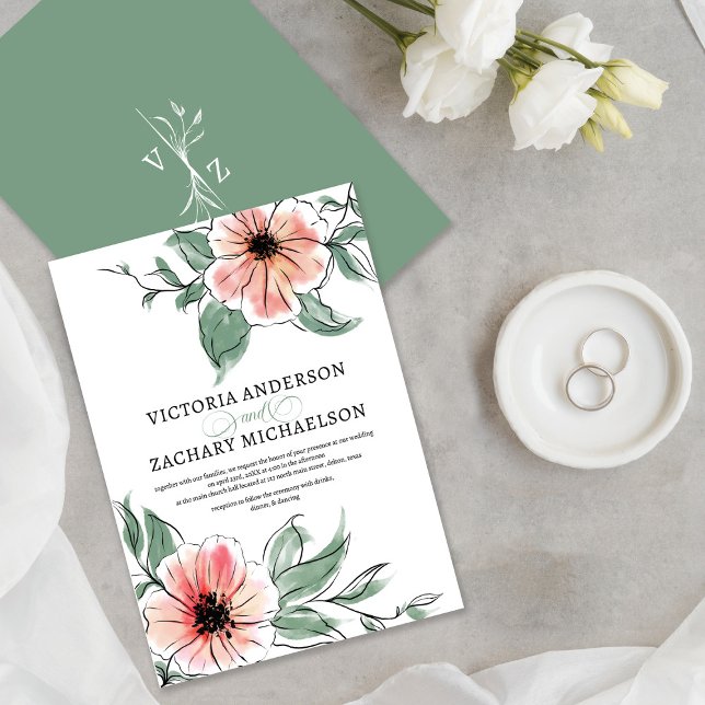 Invitation Joli Mariage végétal rose Sage vert (Créateur téléchargé)