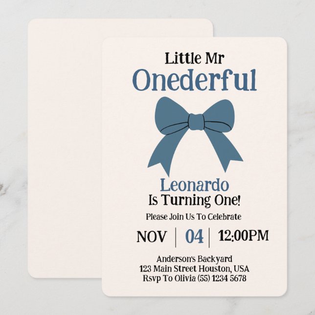 Invitation Joli Monsieur Onederful Blue Bow Boy 1er anniversa (Devant / Derrière)