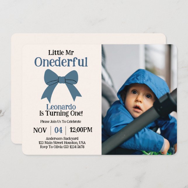 Invitation Joli Monsieur Onederful Blue Bow Boy 1er Anniversa (Devant / Derrière)