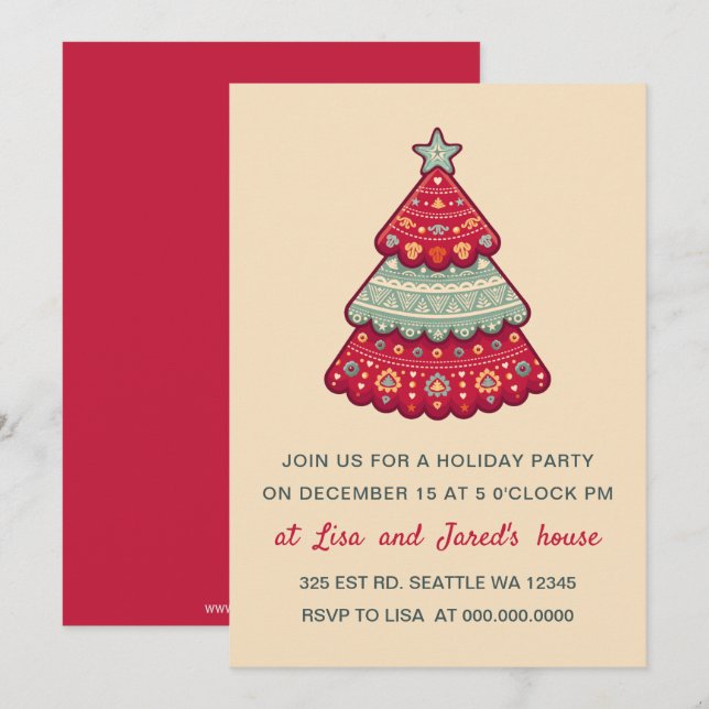 Invitation Joli motif arbre de Noël fête de vacances (Devant / Derrière)