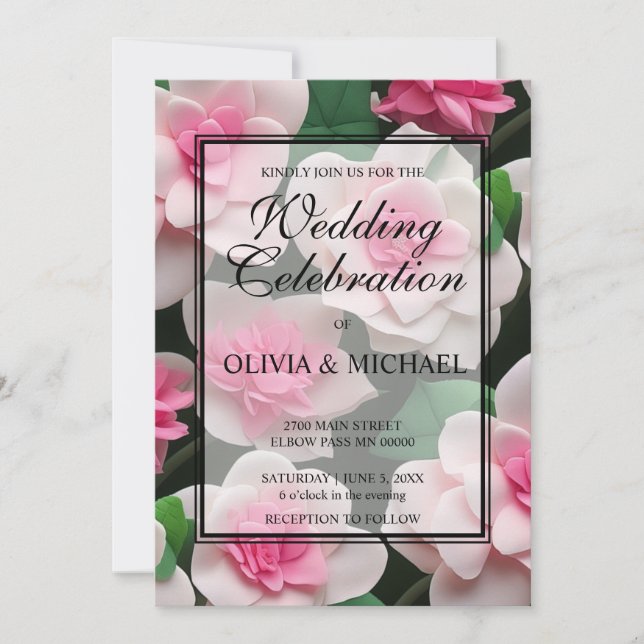 Invitation Joli motif fleuri rose boho (Devant)