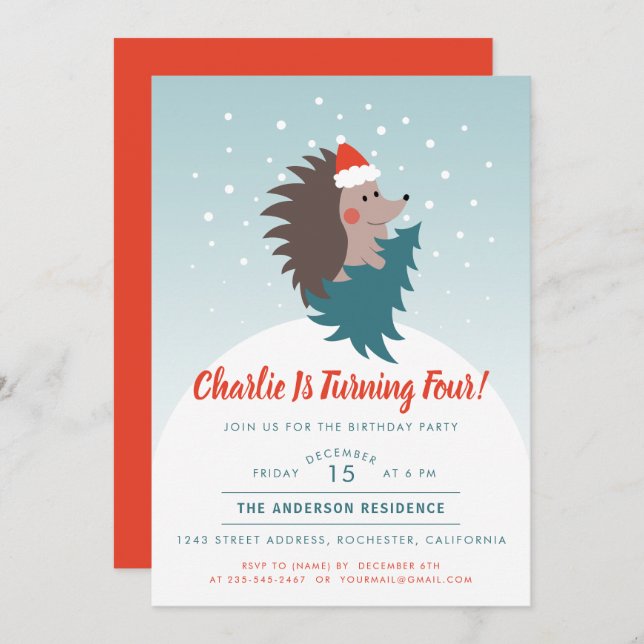 Invitation Joli Noël Hérisson Enfant Fête d'anniversaire (Devant / Derrière)