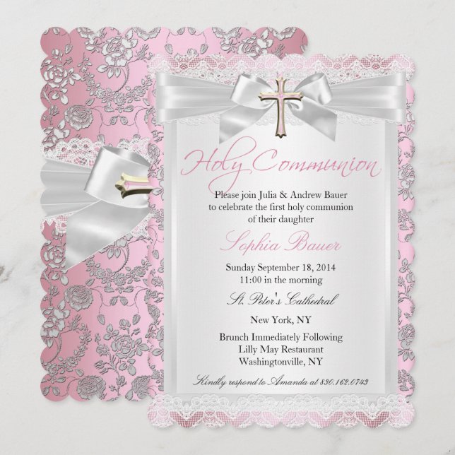 Invitation Joli Nœud Croix Première Communion Rose (Devant / Derrière)