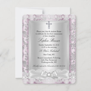Invitation Joli nœud croix Première Communion rose 3