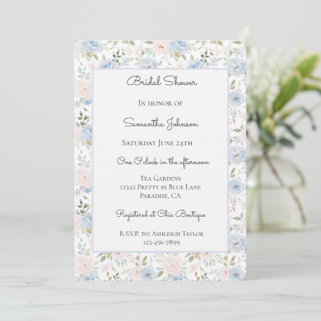 Invitation Joli Nœud dans Fleurs de Teinte Bleue Mariage  (Debout devant)