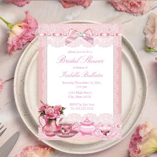 Invitation Joli nœud en dentelle rose Thé Mariage en haute so