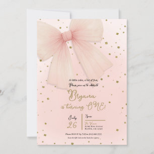 Invitation Joli Nœud en Tulle Rose et Confettis Dorés pour 1e