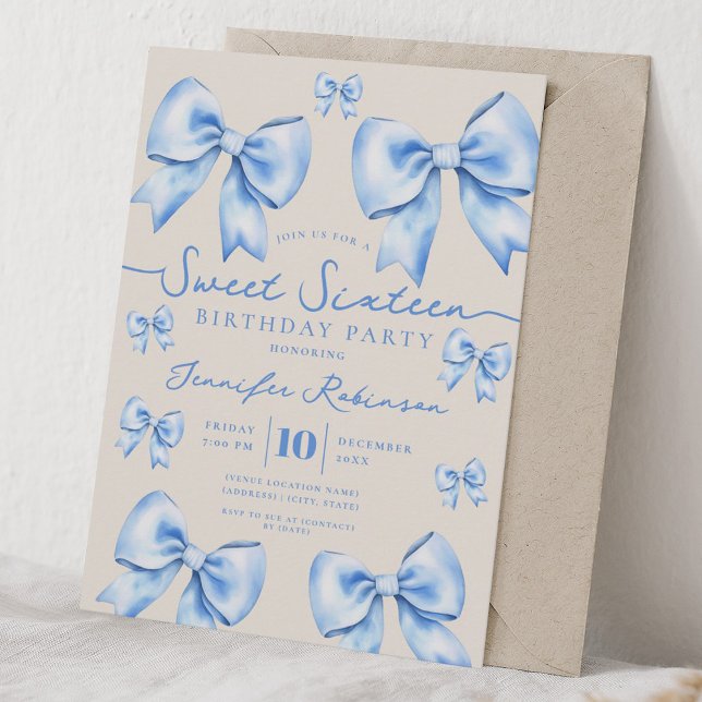 Invitation Joli Nœud Papillon Coquette Douce 16e Anniversaire (Cute Girly Coquette Bow Sweet 16 Birthday Blue Invitation)